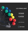 LED lyskæde med 20 stk. farvede pærer - 0,5W pærer, 10 meter, inkl. lyskilde