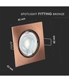 Spot encastrable GU10 - Carré, bronze, alliage de zinc, trou : Ø7,4 cm, dim : 8,2 x 8,2 cm