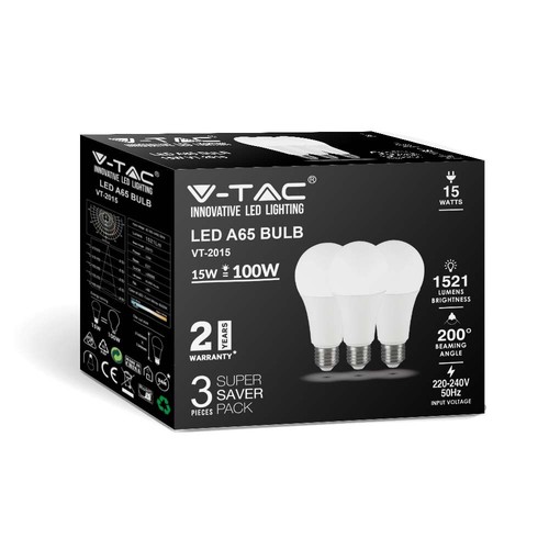 A65 VT-2015 LED 15W E27 - plastic lamp, 6500K, 200°, 3 stuks per verpakking