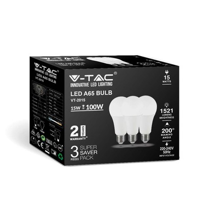 A65 VT-2015 LED 15W E27 - plastic lamp, 6500K, 200°, 3 stuks per verpakking
