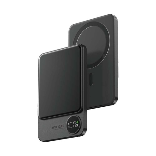 5000mAh MagSafe ultra-tynn powerbank i aluminium, 20W - Space Grey, trådløs hurtigopplading, digitalt display, USB-C inn/utgang