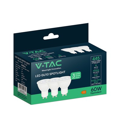 Lot de 3 ampoules LED V-Tac 6W GU10 - 445lm, 110 degrés, 4000K