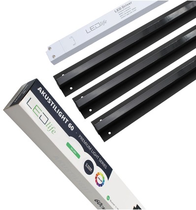 Sort Troldtekt LED Skinnesett 3x60 cm - Planforsenket, Akustilight inkl. ledninger og driver