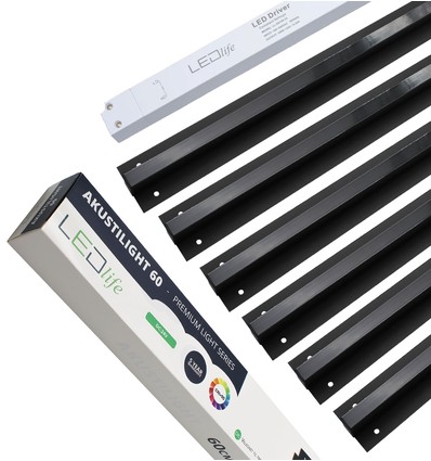 Sort Troldtekt LED Skinnesett 6x60 cm - Planforsenket, Akustilight inkl. ledninger og driver