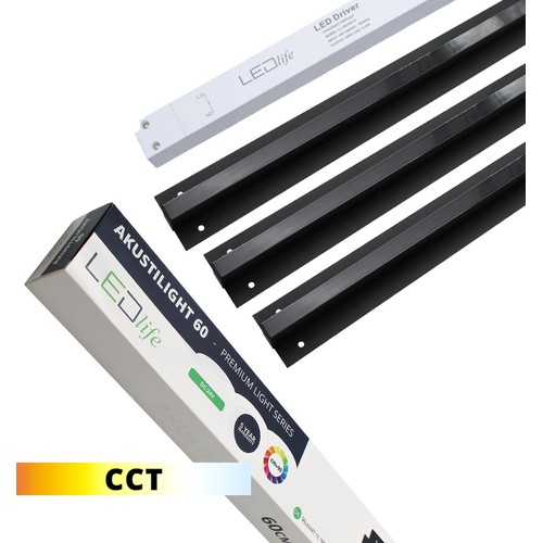 Sort Troldtekt CCT LED Skinnesett 3x60 cm - Planforsenket, Akustilight inkl. ledninger og driver