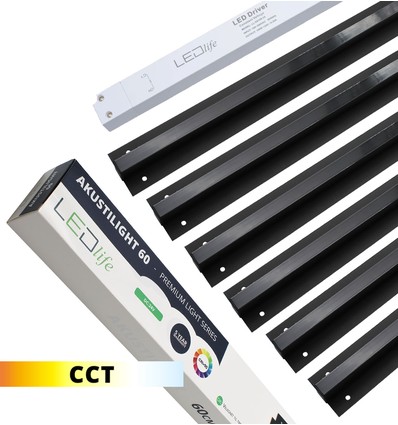 Ensemble de rails LED CCT Troldtekt Noir 6x60 cm - Encastré, Akustilight incluant câbles et driver