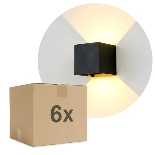 6 stk. 6W CUBIC PRO vegglampe - IP65, sort, viderekobling, justerbar, firkantet, opp/ned, inne/ute, inkl. lyskilde