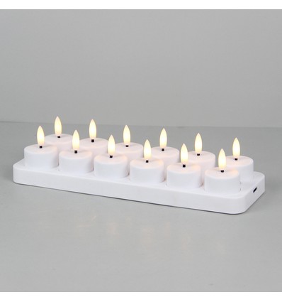 12-pakning hvite LED-telys inkl. ladebase - Inkl. fjernkontroll, timer