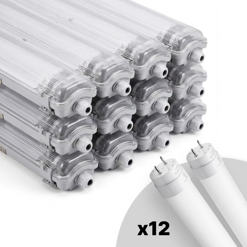 Lot de 12 réglettes LED doubles Limea T8 - Incl. 24x18,5W tubes LED 120cm, IP65 étanche