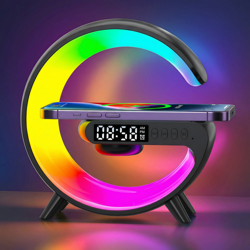 Petite lampe RGBIC en forme de G - Chargeur sans fil, 14,5x14cm, Noir, Bluetooth, 5V USB