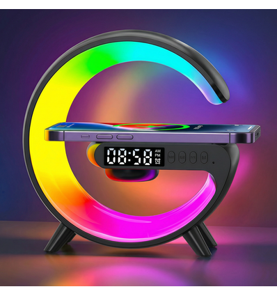 Petite lampe RGBIC en forme de G - Chargeur sans fil, 14,5x14cm, Noir, Bluetooth, 5V USB