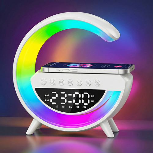 G-formet RGBIC lampe - Trådløs lader, 24x23cm, Hvit, Bluetooth, 5V USB