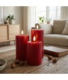 LED stompkaarsen Ø7,5cm, 3 stuks, - Incl. afstandsbediening en timer, 10/12,5/15cm hoog, echte was, bordeauxrood