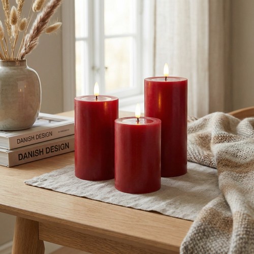 LED Bloklys Ø7,5cm, 3stk, smelte-look, flammeeffekt - Inkl. fjernbetjening og timer, 10/12,5/15cm høj, ægte stearin, bordeauxrød
