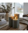 Sett med 3 stk. LED-kubbelys, grønn - Ø7,5cm, 10/12,5/15cm høy, fungerer m. fjernkontroll, timer, ekte stearin