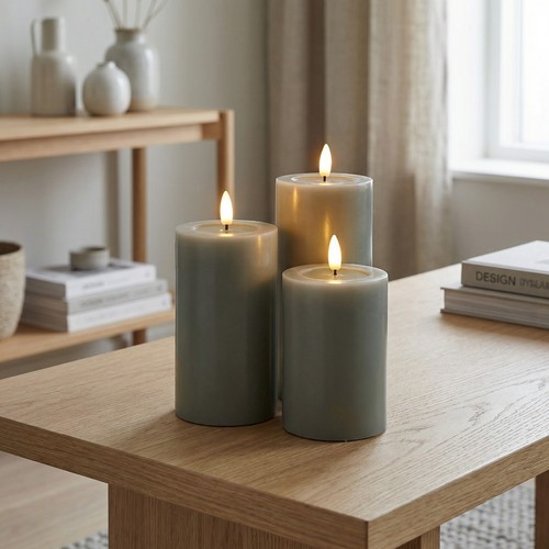 Lot de 3 bougies LED, vert - Ø7,5cm, 10/12,5/15cm de haut, fonctionne avec télécommande, minuterie, véritable cire