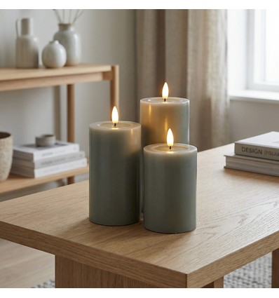 Set van 3 stuks LED-stompkaarsen, groen - Ø7,5cm, 10/12,5/15cm hoog, werkt m. afstandsbediening, timer, echte was