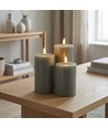 Set med 3 st. LED-blockljus, grön - Ø7,5cm, 10/12,5/15cm hög, fungerar m. fjärrkontroll, timer, äkta stearin