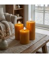 Set van 3 stuks LED-stompkaarsen, bruin - Ø7,5cm, 10/12,5/15cm hoog, werkt met afstandsbediening, timer, echte was