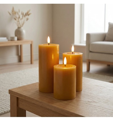 Lot de 3 bougies LED, marron - Ø7,5cm, 10/12,5/15cm de haut, avec télécommande, minuterie, véritable cire
