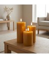Lot de 3 bougies LED, marron - Ø7,5cm, 10/12,5/15cm de haut, avec télécommande, minuterie, véritable cire