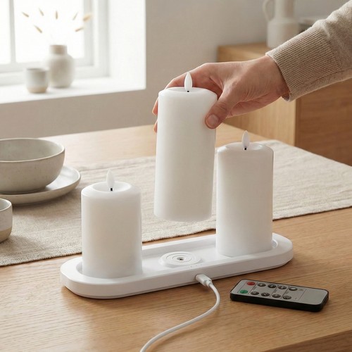 3-pakning hvite LED stearinlys, flammeeffekt - Ø2,2cm, Høyde: 24,5cm, kronelys, inkl. fjernkontroll, timer