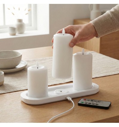 3-pak hvide LED stearinlys, flammeeffekt  - Ø2,2cm, Højde: 24,5cm, kronelys, inkl. fjernb., timer