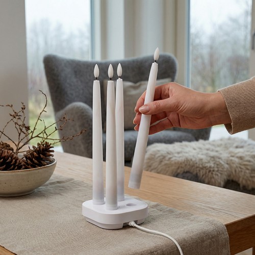 Pack de 4 bougies LED blanches avec base de chargement - Ø2cm, Hauteur : 25cm, cierges, télécommande incluse, minuterie