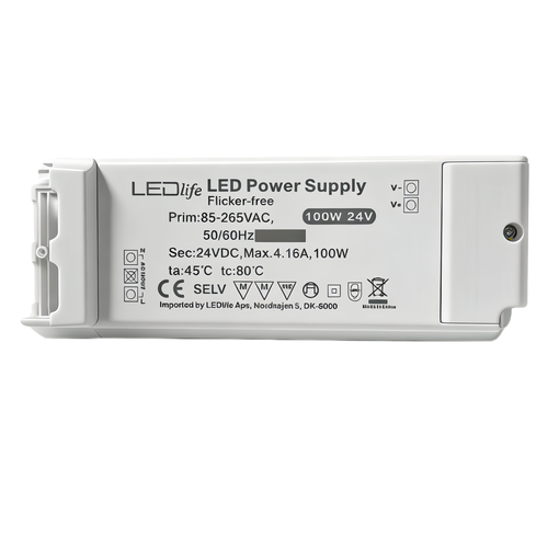 100W / 24V DC strømforsyning - 4,16A, IP20 indendørs, Flicker free