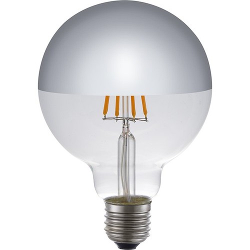 E27 4W dimbar LED globepære - G95, toppforsølvet, filament, 2500K, sølvspeil