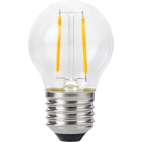 E27 2W dimbar LED kronepære - G45, filament, 2200K, klart glass