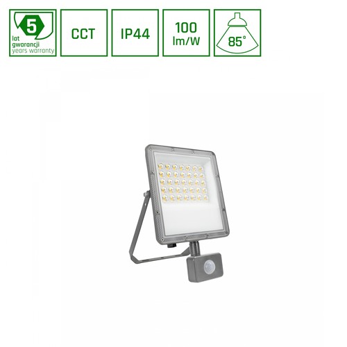 30W NOCTIS MAX breedstraler met PIR-sensor - IP44, CCT, grijs, bewegingsmelder