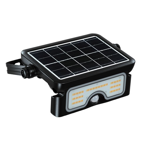 Projecteur solaire LED 7W avec détecteur PIR - 3.7V, boîtier noir, CCT 3-en-1