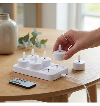 6-pack witte LED-theelichtjes incl. oplaadstation - Incl. afstandsbediening, timer