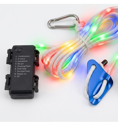 3m hvidt reb med RGB lys - Med karabinhage, maks. 80kg belastning