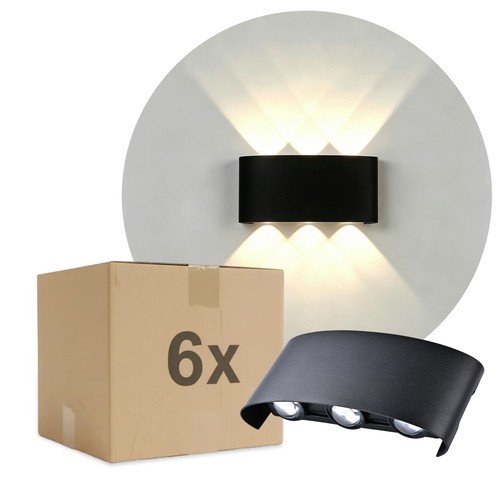 6-pack 6W CURVE vägglampa - IP65, svart, upp/ner, utomhus, inkl. ljuskälla