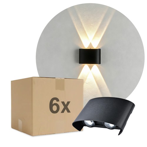 6 stk. 4W CURVE vegglampe - IP65, sort, opp/ned, utendørs, inkl. lyskilde