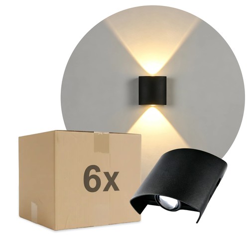 Lot de 6 appliques murales 2W CURVE - IP65, noir, haut/bas, extérieur, source incl.