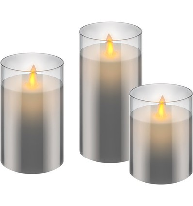 Lot de 3 bougies LED en cire grises dans verre - Batterie, fonction minuterie