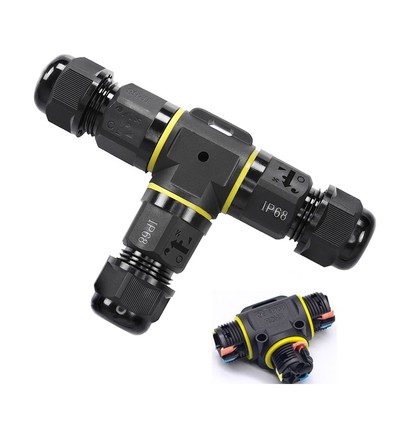 T-samledåse med quick connector - IP68 vandtæt, Sort, Til samling af ledninger, 3-ledet